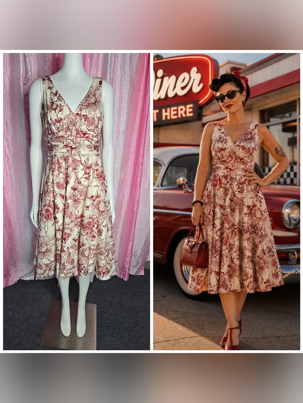 Maggy London Floral Fit & Flare Vintage Print Pinup Cotton Dress Size 8
